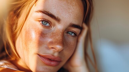 Woman with sunburned skin at home, closeup 