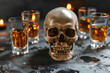 Human skull and whiskey glasses on a dark table with moody lighting. Concept of danger of binge drinking and alcoholism.