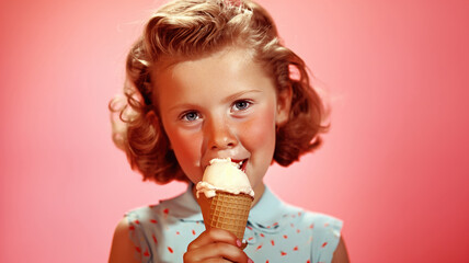 Wall Mural - Minimalistic retro postcard of happy smiling child with curly hair and ice cream on red background