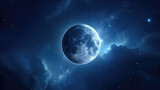 Fototapeta Kosmos - Moon in space with dark blue universe around and space clouds inside starry nebula. Universe science astronomy space background wallpaper