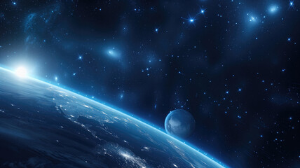 Wall Mural - sun beams reflects from planet earth surface in dark space with infinite universe and galaxy nebula.