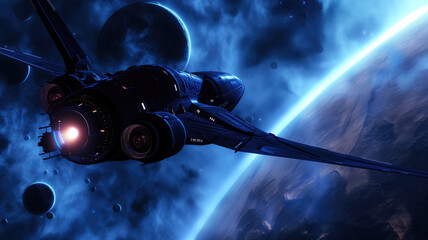 Wall Mural - dark blue universe and space ship flying across clouds and energy flows towards huge planet. univers