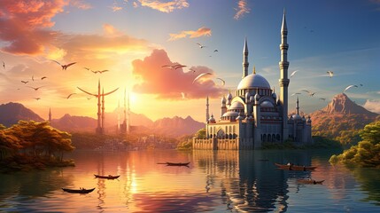 landscape with mosque against a sunset sky