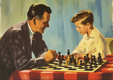 Minimalistic Advertising Retro Postcard Of Father And Son Playing Chess Party Against Each Other. High Quality Illustration
