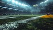 © HY - Close up ground view of a football field under stadium lights, focusing on the ball on the field with a blurred stadium in the background