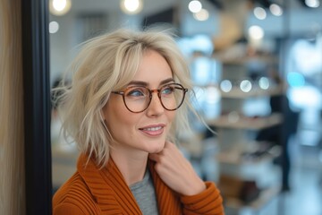 Wall Mural - A stylish woman with a warm smile and layered blonde hair wears glasses and a cozy sweater, showcasing both her fashion sense and vision care