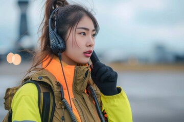 A young woman confidently rocks her street fashion, with long yellow hair peeking out from under her stylish headphones and vest, as she walks down the winter street, showcasing her unique sense of s