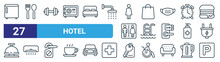 set of 27 outline web hotel icons such as fridge, food, fitness, shopping, pool, ac, key, parking vector thin line icons for web design, mobile app.