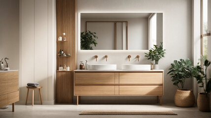 Poster - Streamlined Sophistication: A Modern Minimal Bathroom with a Sleek Wooden Vanity