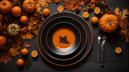 Poster - Autumnal Charm: Table Place Setting with Black Plate on Orange

