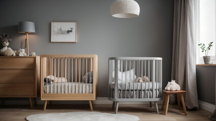 Poster - Charming Haven for Little Ones: Baby Crib, Cupboard, Armchair, Lamp, and Stool in a Child's Room

