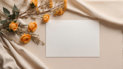 Wall Mural - Versatile Display: Blank Paper Sheet and Card with Mockup Copy Space and Dry Roses

