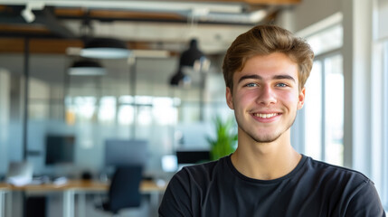 Wall Mural - young handsome man with blue eyes on the background of a modern IT office, worker, programmer, professional, designer, guy, boy, portrait, smile, space for text, coworking, open space, people, person