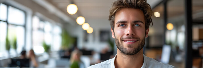 Wall Mural - young handsome man with blue eyes on the background of a modern IT office, worker, programmer, professional, designer, guy, boy, portrait, smile, space for text, coworking, open space, people, person