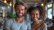 blue-eyed smiling young european white man and African American woman, colleagues against the background of a modern IT company office, business people, manager, professional, working,  entrepreneur