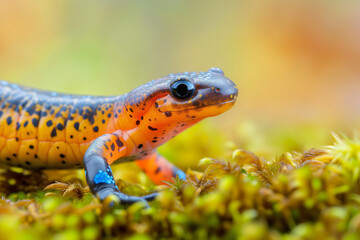 A brightly colored orange and blue spotted newt is crawling on vibrant green moss, with a focused close-up that emphasizes the glossy texture of its skin and its curious eye