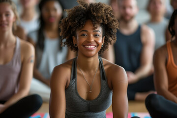 Poster - A woman is smiling in front of a group of people