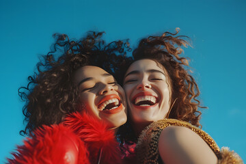 two women laughing together standing on blue background