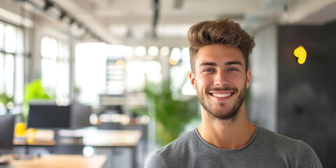 Wall Mural - young handsome man with blue eyes on the background of a modern IT office, worker, programmer, professional, designer, guy, boy, portrait, smile, space for text, coworking, open space, people, person