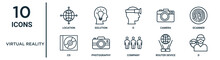 Virtual Reality Outline Icon Set Such As Thin Line Location, D, Scanner, Photography, Router Device, D, Cd Icons For Report, Presentation, Diagram, Web Design