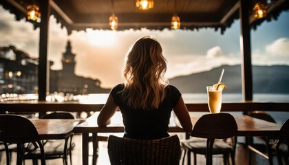  back view of silhouette of person sitting alone at the bar