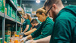© Sophie  - Food bank volunteers helping with donations for the poverty and poor families during cost of living crisis and inflation. AI generated