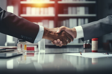 Wall Mural - A doctor and a pharmacist shaking hands over a table full of medical records and drug formulas, symbolizing collaboration for patient welfare. Concept of partnership in healthcare. Generative Ai.