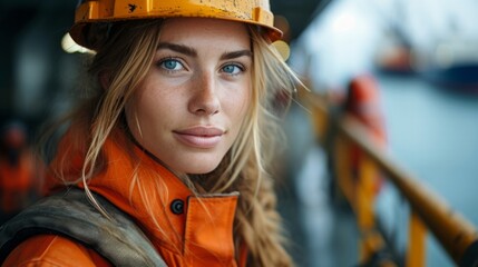 Wall Mural - Portrait of empowered female maritime professional at work. Hard working woman at the ship. Maritime concept. Work concept. Woman concept.