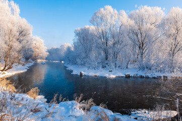 Wall Mural - Kuerbin rime sunrise landscape in Yichun city Heilongjiang province, China.