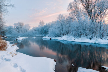 Wall Mural - Kuerbin rime sunrise landscape in Yichun city Heilongjiang province, China.