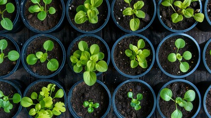 variety of flower seedlings in plastic plant pots with young green sprouts. garden and planting season. top view