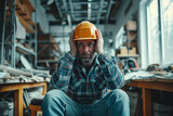 Fototapeta  - A building contractor sits frustrated at his workplace because the order situation is so bad