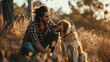 playful dog and its owner in nature outdoor , healthy lifestyle pragma