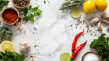 Culinary Creation: A Marble Canvas of Flavorful Ingredients on a White Surface