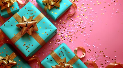 Wall Mural - A set of aqua gift boxes with gold ribbon on a pink background with confetti. 