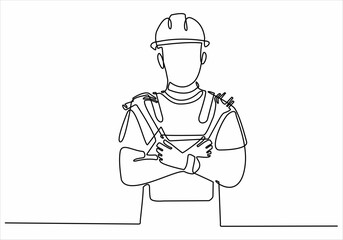 Wall Mural - A continuous line drawing of the young foreman manager controlling the construction of the building. Building an architectural business concept. Single line drawing vector graphic design illustration