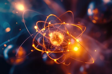 atomic dance: subatomic realm, electrons, neutrons, and protons orbit a fixed nucleus in a model emp