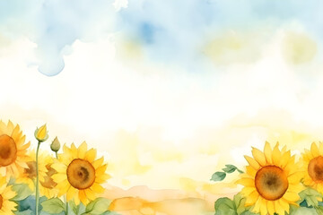 Wall Mural - Watercolor sunflower field border on white background with copy space for card invitation design art
