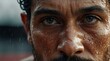 Closeup of eyes and face and lot of sweat of strong fearless hispanic athlete man from Generative AI