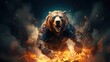 An aggressive running bear with fire flame and power symbolizing finance and investment bear market concept.