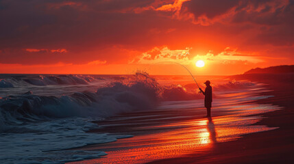Wall Mural - A man is fishing for fish on the beach in a sea at sunset