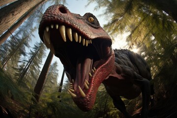 Close-up view of a Baryonyx dinosaur in water in prehistoric environment. Photorealistic.