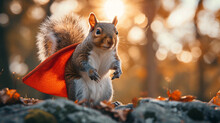 A Squirrel In A Miniature Superhero Cape, Posing Heroically.