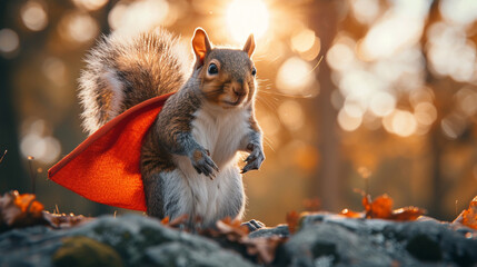 Wall Mural - A squirrel in a miniature superhero cape, posing heroically.