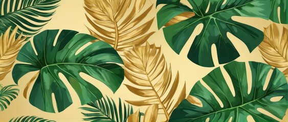  Green palm leaf pattern with golden accents, perfect for luxurious summer designs.