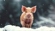 Small pig stands on top of snow, its trotters leaving prints in the cold white surface, Ai Generated.