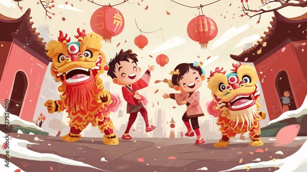 Cartoon of lion dance as the traditional Chinese folk event activities ...