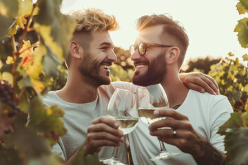 Romantic Couple Enjoying Wine in Vineyard at Sunset