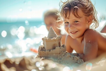 Happy children play on the beach in the sunshine and build sandcastles.