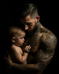 Tattooed man with his infant child